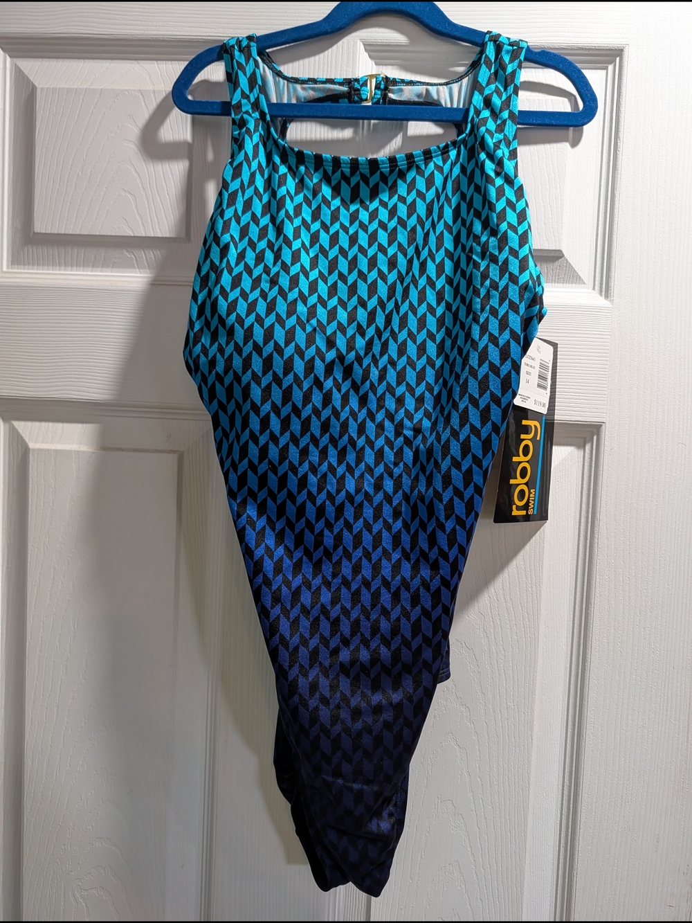 Robby Len Ombre Blue Geometric One-Piece Swimsuit Sz 14 NWT's